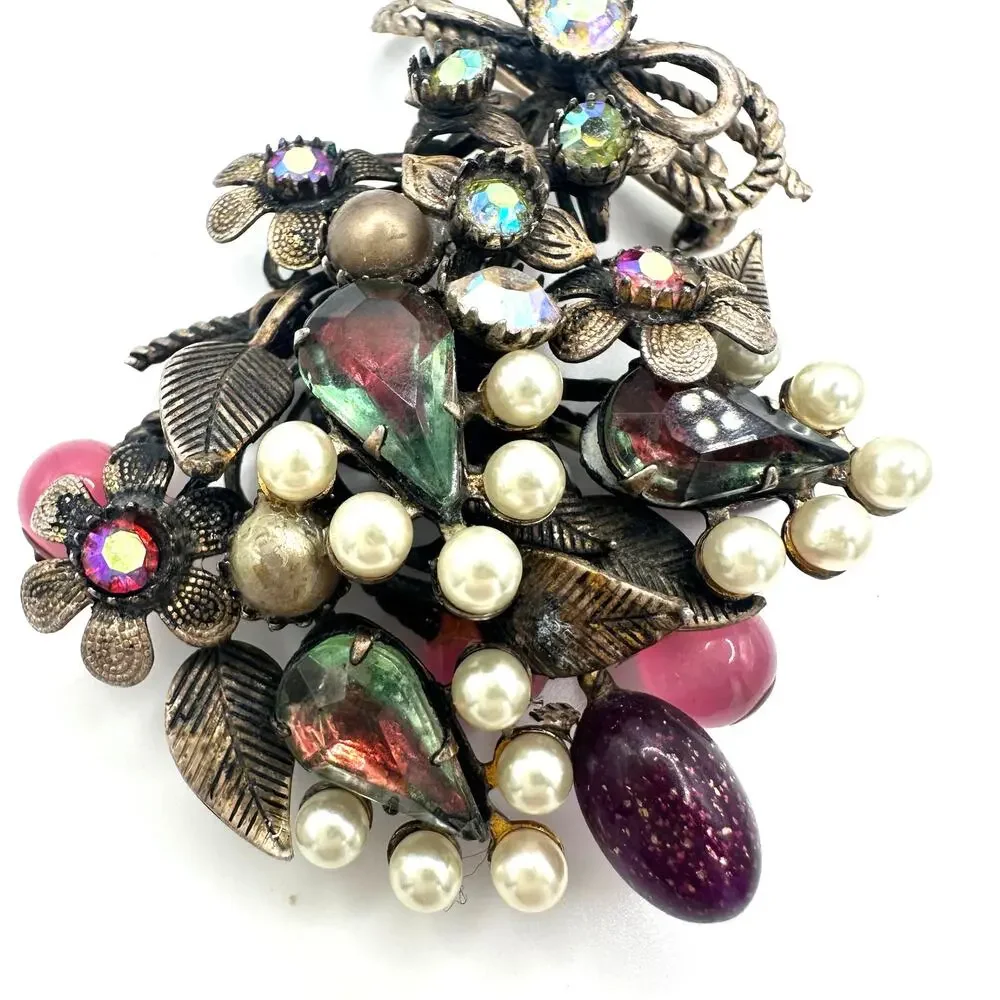 Vintage gold tone pink green AB rhinestones art glass faux pearls brooch